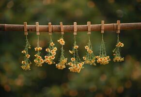 ai generiert Gelb Blumen hängend auf Seil. frisch Kräuter und Blumen hängend zu trocken foto