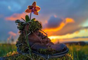 ai generiert Schuh ist dekoriert mit Blumen und Moos foto