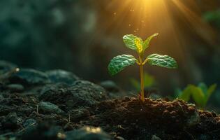 ai generiert jung Pflanze wachsend im das Morgen Licht und Grün Natur Hintergrund foto