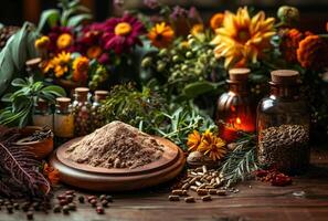 ai generiert ayurvedisch Medizin natürlich Zutaten und Blumen auf hölzern Tabelle foto