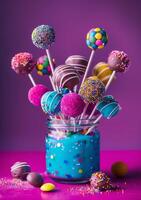 ai generiert bunt Kuchen Pops im Glas Krug und bunt Süßigkeiten auf lila Hintergrund foto