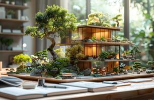 ai generiert Miniatur Haus. Bonsai Baum und Bonzai auf das Tabelle foto