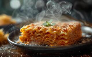 ai generiert Lasagne mit Fleisch und Käse auf Teller foto