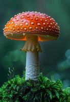 ai generiert Amanita Muscaria ist giftig Pilz mit rot Hut im das Wald foto