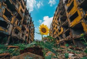 ai generiert Sonnenblume wachsend im das Mitte von zerstört Gebäude foto