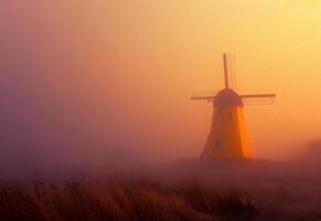 ai generiert Windmühle im das Nebel. ein Gelb Windmühle steigt an von ein neblig Feld foto