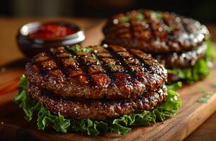ai generiert zwei köstlich gegrillt Rindfleisch Burger auf hölzern Tafel mit frisch Salat Blätter und Tomate Soße im das Hintergrund foto