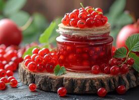 ai generiert Krug mit rot Johannisbeere Marmelade auf das hölzern Tabelle foto