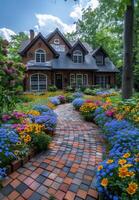 ai generiert Backstein Gehweg führt zu groß Haus mit Garten voll von bunt Blumen. foto