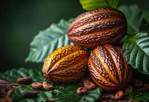 ai generiert Kakao Schoten Kakao Bohnen und Kakao Blätter auf Hintergrund von Grün Blätter foto