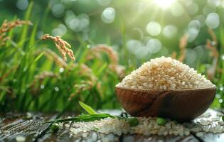 ai generiert Jasmin Reis im hölzern Schüssel mit Reis Pflanze im das Hintergrund foto