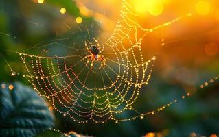 ai generiert Spinne auf das Netz im das Wald beim Sonnenaufgang foto