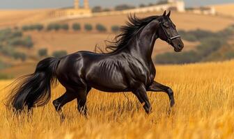 ai generiert schwarz Pferd läuft auf das Weizen Feld mit majestätisch Mähne fließend foto
