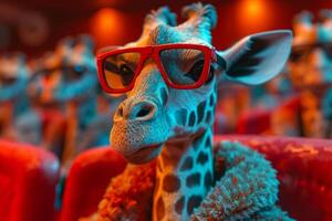 ai generiert Giraffe ist tragen rot Sonnenbrille und Pelz Mantel im Kino. foto