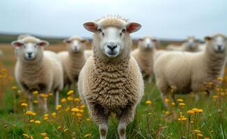 ai generiert Schaf Stehen im Feld von Butterblumen foto