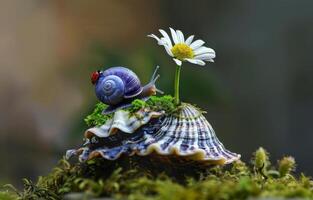 ai generiert Schnecke und Marienkäfer auf Schale mit Blume foto