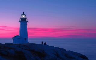 ai generiert ein Leuchtturm steht gegen ein faszinierend Sonnenuntergang Himmel von tief Rosa und Blues foto