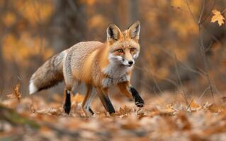 ai generiert Herbst Fuchs spazieren gehen durch gefallen Blätter foto