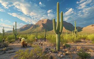 ai generiert hoch Saguaro Kakteen dominieren das Wüste Landschaft mit ein Hintergrund von ein Berg Angebot beim Sonnenuntergang foto