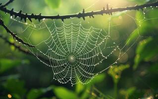 ai generiert ein Makro fotografieren erfasst das leuchtend Schönheit von Tautropfen schmücken ein Spinne Netz foto