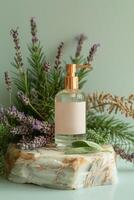 ai generiert elegant Seife Spender mit Lavendel und Grün foto