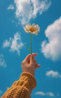 ai generiert ein Hand Aufzüge ein Single Blume gegenüber ein beschwingt Blau Himmel gepunktet mit Wolken foto