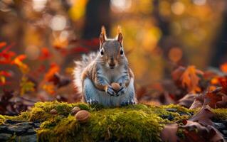 ai generiert Herbst Eichhörnchen mit Eicheln foto