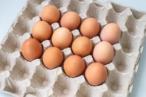 Platz Palette zum Recycling Hähnchen Eier mit rot Hähnchen Eier. Aussicht von über foto