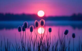 ai generiert das feurig Kugel von das Rahmen Sonne leuchtet intensiv hinter silhouettiert Rohrkolben beim das Wasser Kante foto