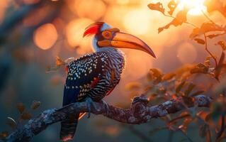 ai generiert golden Stunde mit ein majestätisch Nashornvogel foto