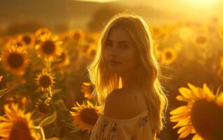 ai generiert golden Stunde Schönheit im Sonnenblume Feld foto