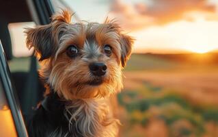 ai generiert ein klein, flauschige Hund mit auffällig schwarz und bräunen Pelz Blicke in das Entfernung foto