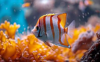 ai generiert ein lebhaft gestreift Kupferband Falterfisch schwimmt anmutig in der Nähe von das beschwingt Korallen foto