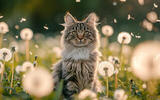 ai generiert ein fesselnd Tabby Katze sitzt inmitten ein Feld von Löwenzahn foto