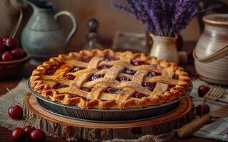 ai generiert ein frisch gebacken Kirsche Kuchen ruht auf ein hölzern Planke, es ist golden Kruste und beschwingt Füllung foto