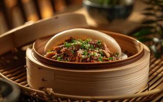 ai generiert gedämpft asiatisch Küche im Bambus Dampfer foto