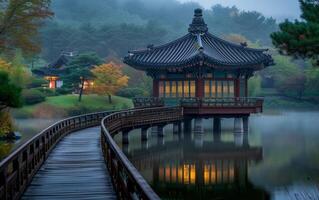 ai generiert neblig Morgen beim traditionell Koreanisch Pavillon foto