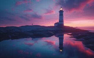 ai generiert ein Leuchtturm steht Wächter gegen ein spektakulär lange Exposition Dämmerung Himmel foto