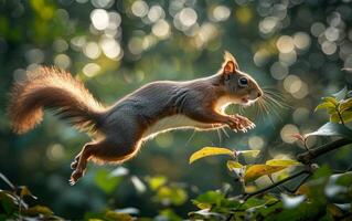 ai generiert energisch Eichhörnchen im mitten im Sprung foto