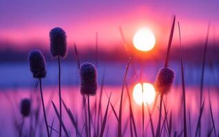 ai generiert das feurig Kugel von das Rahmen Sonne leuchtet intensiv hinter silhouettiert Rohrkolben beim das Wasser Kante foto