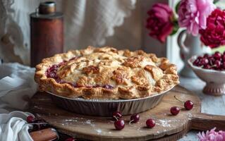 ai generiert frisch gebacken Kirsche Kuchen sitzt auf ein hölzern Planke, Mehl abgestaubt und golden foto