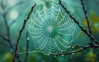 ai generiert ein Makro fotografieren erfasst das leuchtend Schönheit von Tautropfen schmücken ein Spinne Netz foto