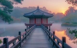 ai generiert ein still orientalisch Pavillon Sitzstangen Über ein glasig See, verhüllt im Morgen Nebel foto