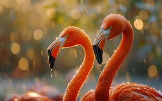 ai generiert Dämmerung glühen auf Flamingos foto