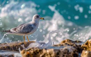 ai generiert Möwe auf felsig Ufer mit planschen Wellen foto