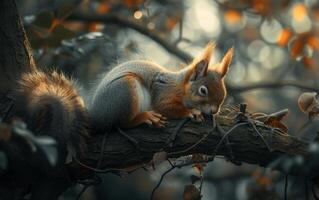 ai generiert Herbst Eichhörnchen auf ein Ast foto