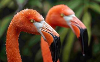 ai generiert majestätisch Flamingos mit Wasser Tröpfchen foto