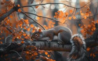 ai generiert Herbst Eichhörnchen auf ein Ast foto