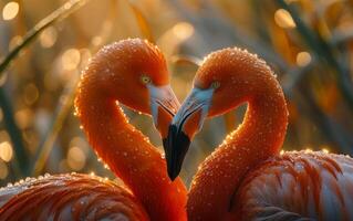 ai generiert Flamingo Dämmerung Umarmung foto