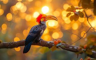 ai generiert strahlend Sonnenuntergang und exotisch Vogel foto